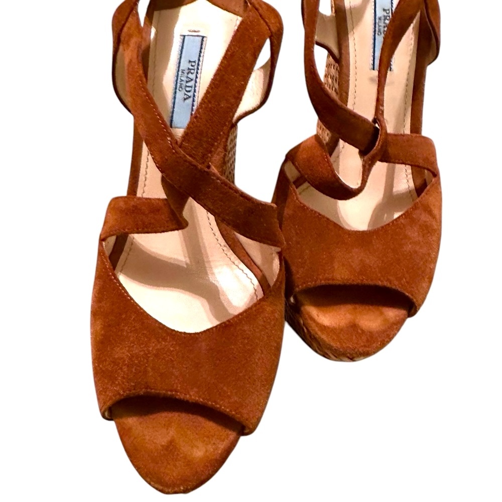 PRADA Milano Scamosciato Suede Crisscross Wicker Wedge Sandal - Size 38.5